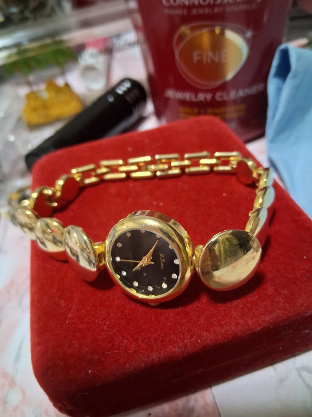 Gold-Tone Women's Bracelet Watch with Black Dial and Crystal Markers